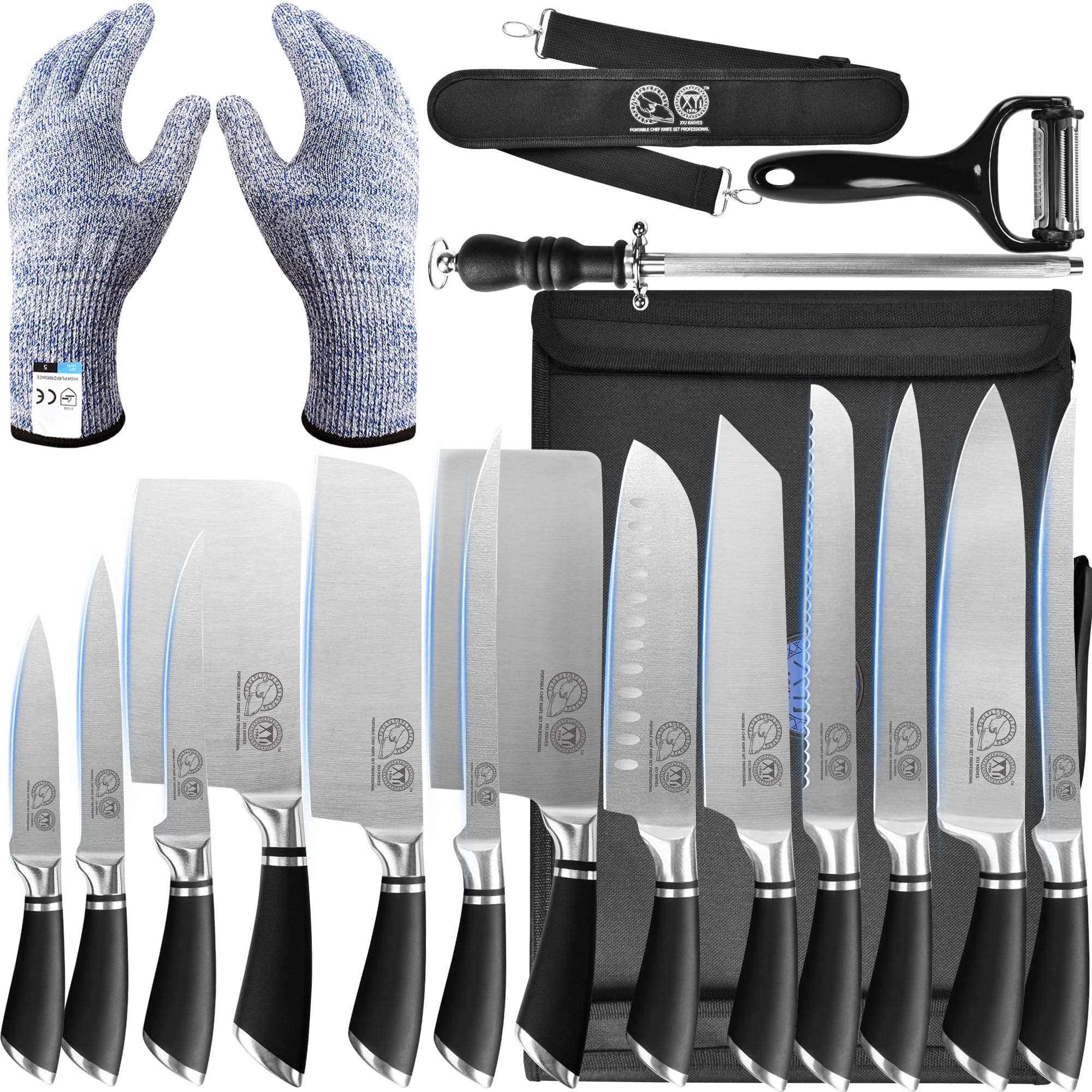professional knife sets for master chefs, chef knife set with bag, sheath, culinary kitchen butcher meat knives, cooking cutting, Santoku, tools, fruits, stainless steel