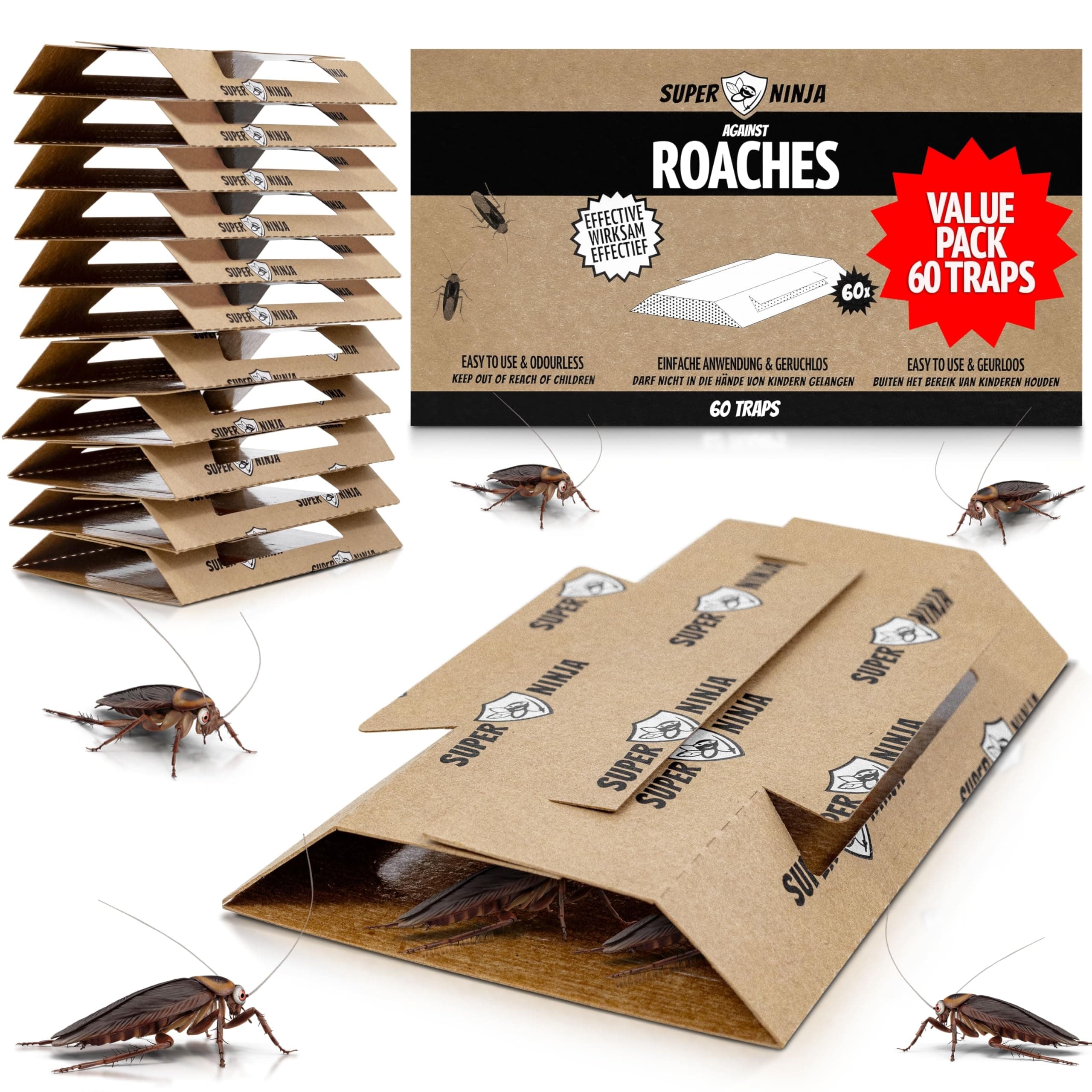 Super Ninja Cockroach Killer - 60 Traps - Highly Effective and Environmentally Friendly - Easy to Use - Up to 3 Months Per Trap