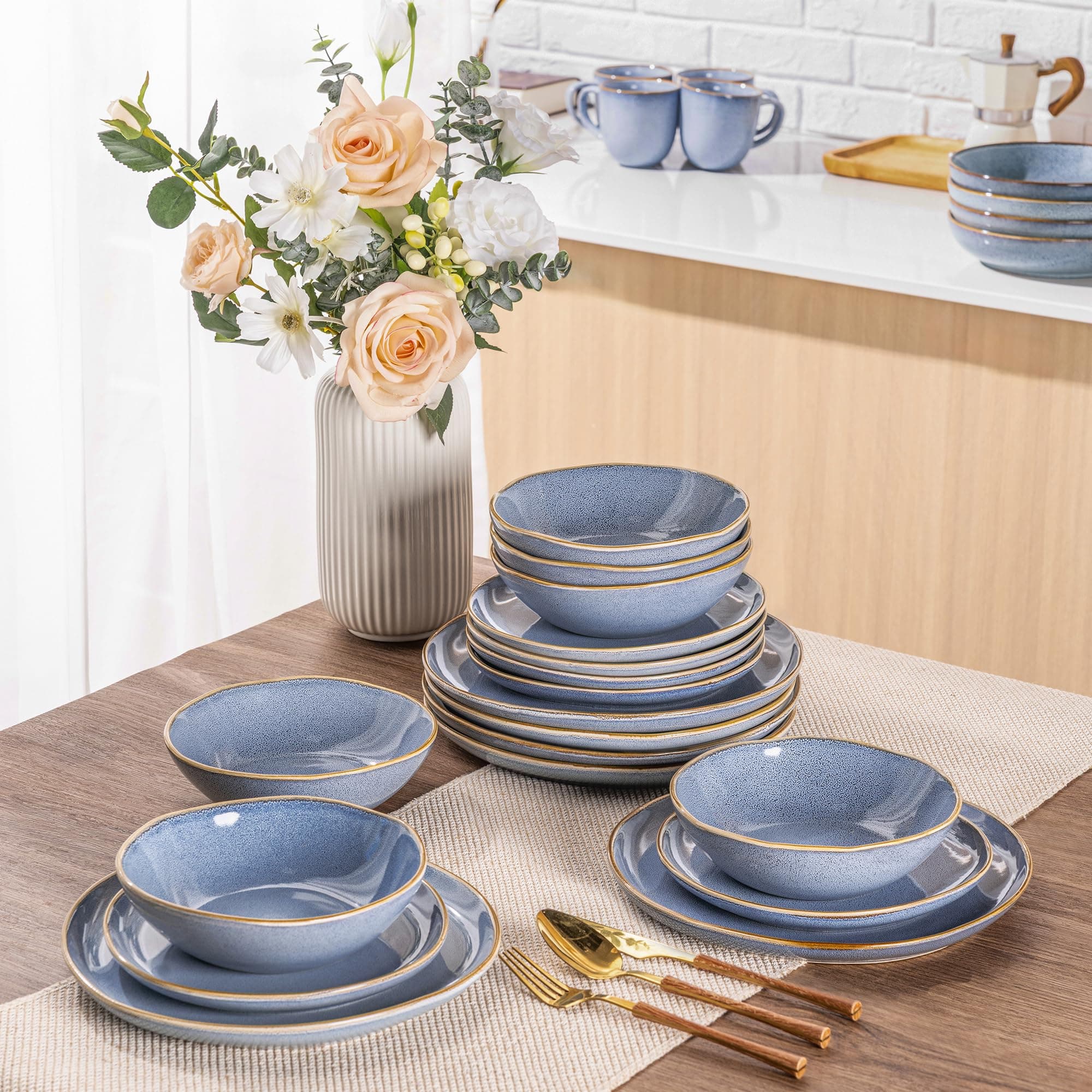 AmorArc Ceramic Dinnerware Sets,Handmade Reactive Glaze Stoneware Plates and Bowls Set,Highly Chip and Crack Resistant | Dishwasher & Microwave Safe Dishes Set,Service for 8 (24pc)-Reactive Blue