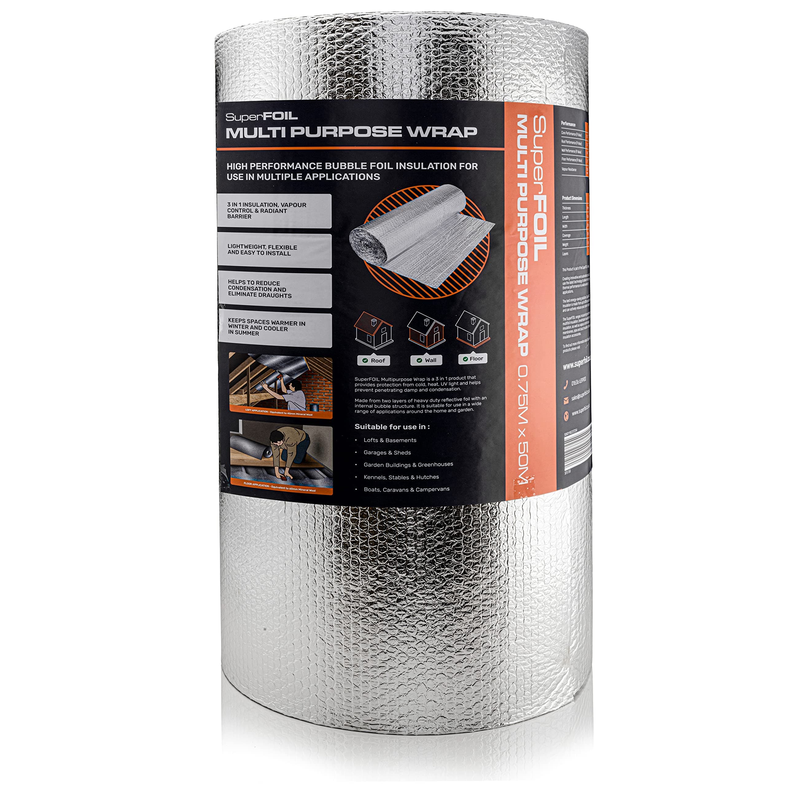 – Foil Insulation Roll - Energy Saving DIY Bubble Foil Sheet - 3-in-1 Sustainable Thermal Insulation Reflective Radiant Barrier & Vapour Barrier (Silver, 0.75m x 50m)