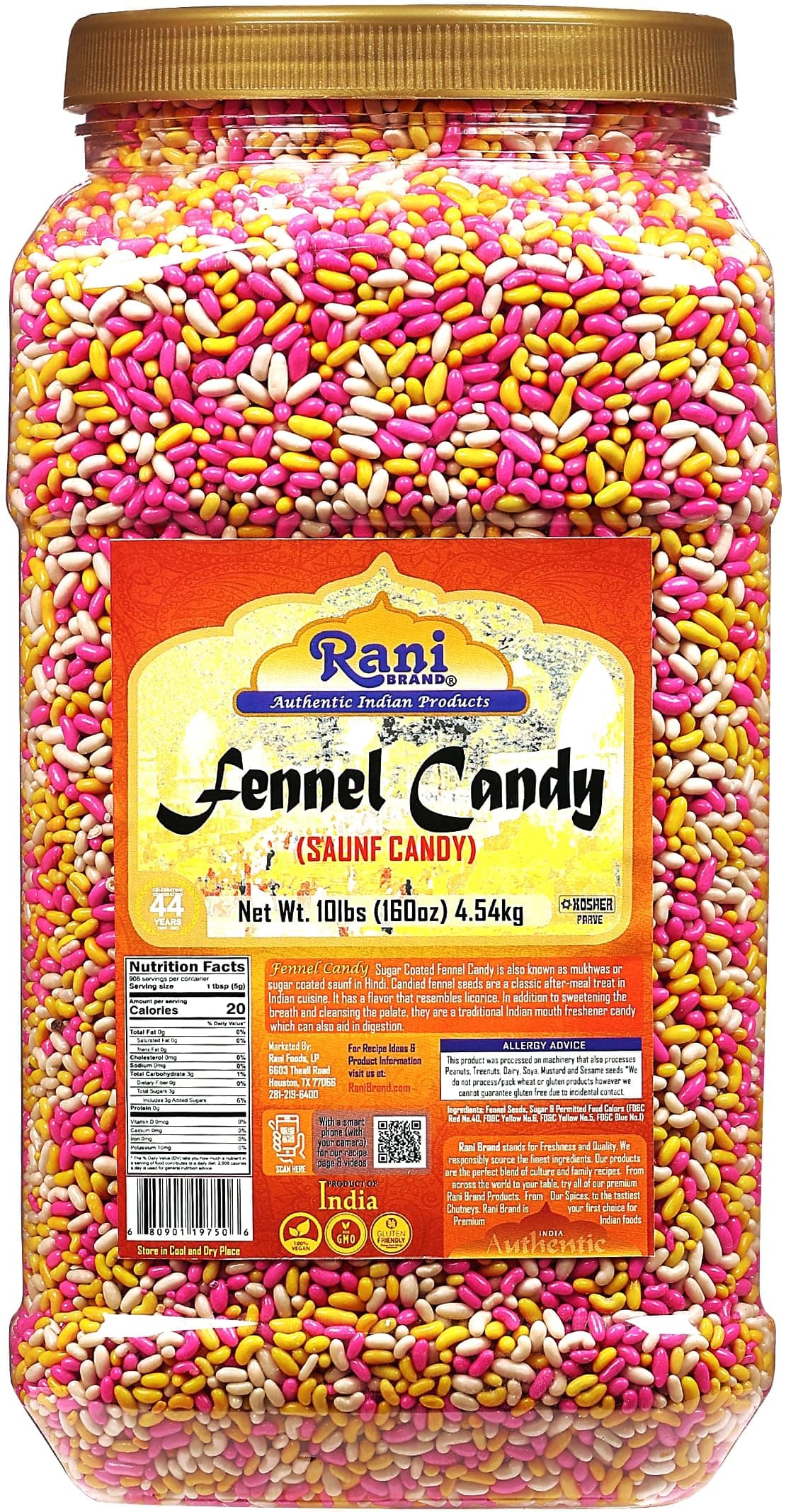 Rani Sugar Coated Fennel Candy 160oz (10lbs) 4.54kg Bulk PET Jar ~ Indian After Meal Digestive Treat | Vegan | Gluten Friendly | NON-GMO | Kosher | Indian Origin