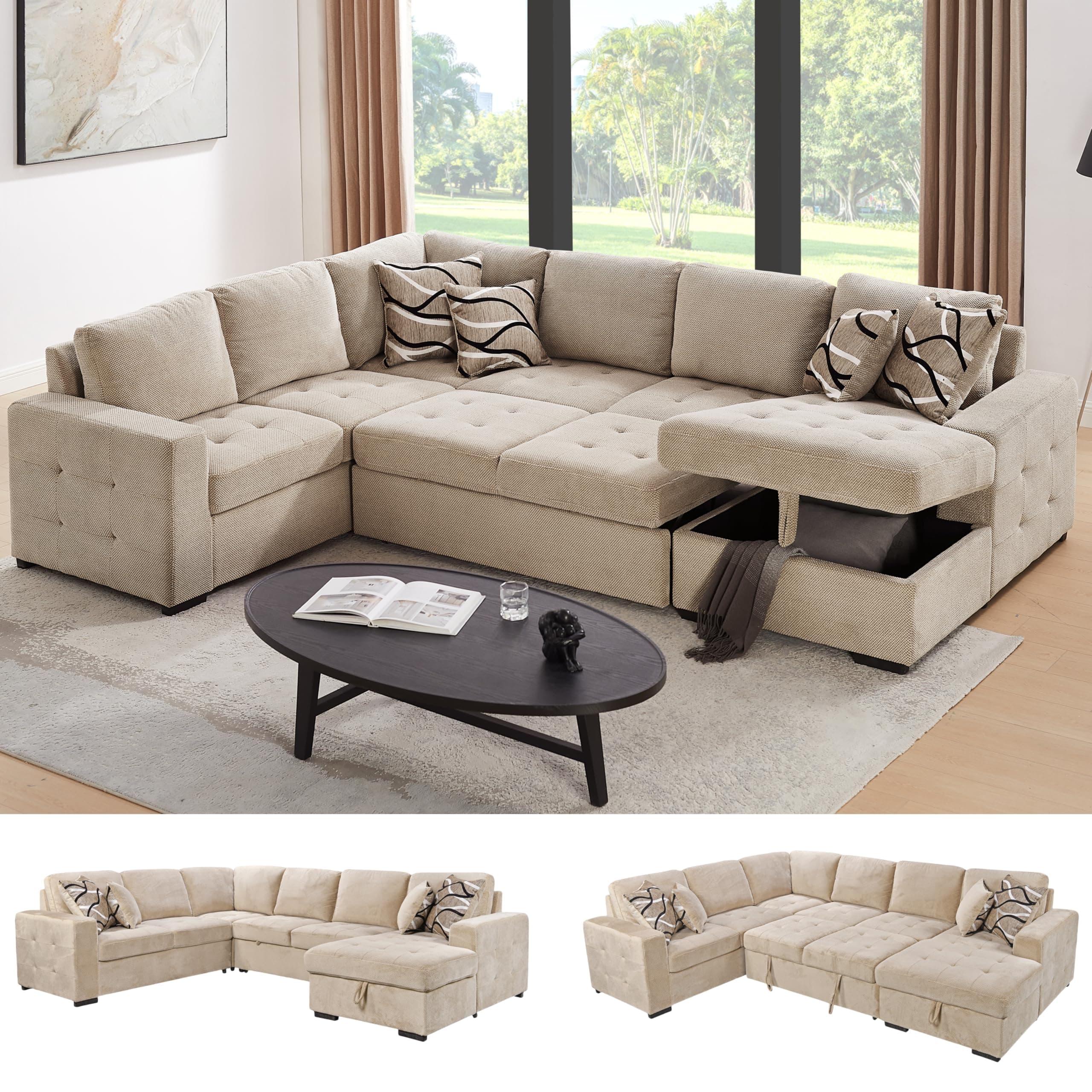 THSUPER 123'' Sectional Sleeper Sofa Couch with Pull Out Bed, 6-Seater U Shaped Oversized Sleeper Sectional Sofas Couches with Storage Chaise for Living Room. Beige